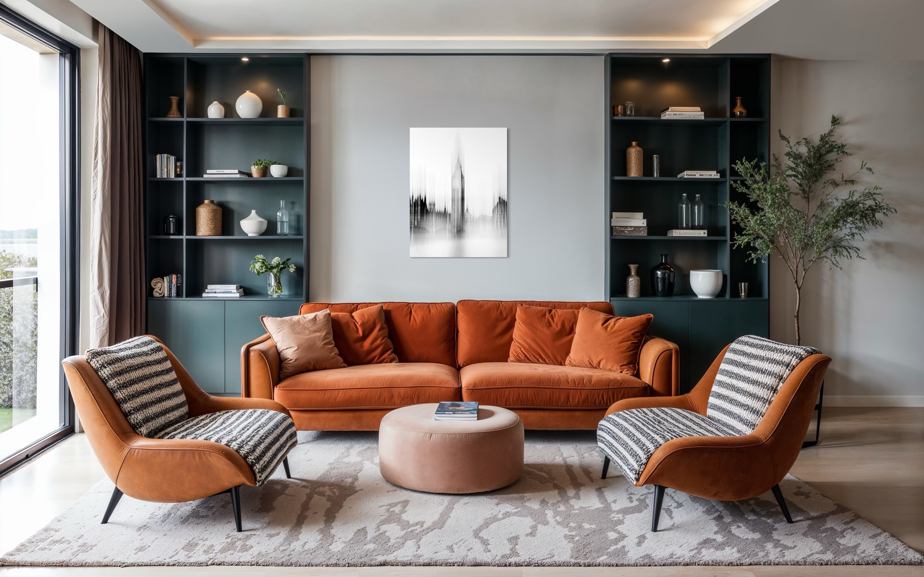 „Ben Whispered“ zeigt den Elizabeth Tower (Big Ben) in London in einer dynamischen Schwarz-Weiss-Panningaufnahme, bei der die Bewegung den Turm leicht verzerrt, seine ikonische Silhouette jedoch klar erkennbar bleibt. Der Fine Art Print hängt zentral an einer weissen Wand in einem grossen, hellen Wohnzimmer und harmoniert perfekt mit zwei orangen Sesseln und einem orangefarbenen Sofa.