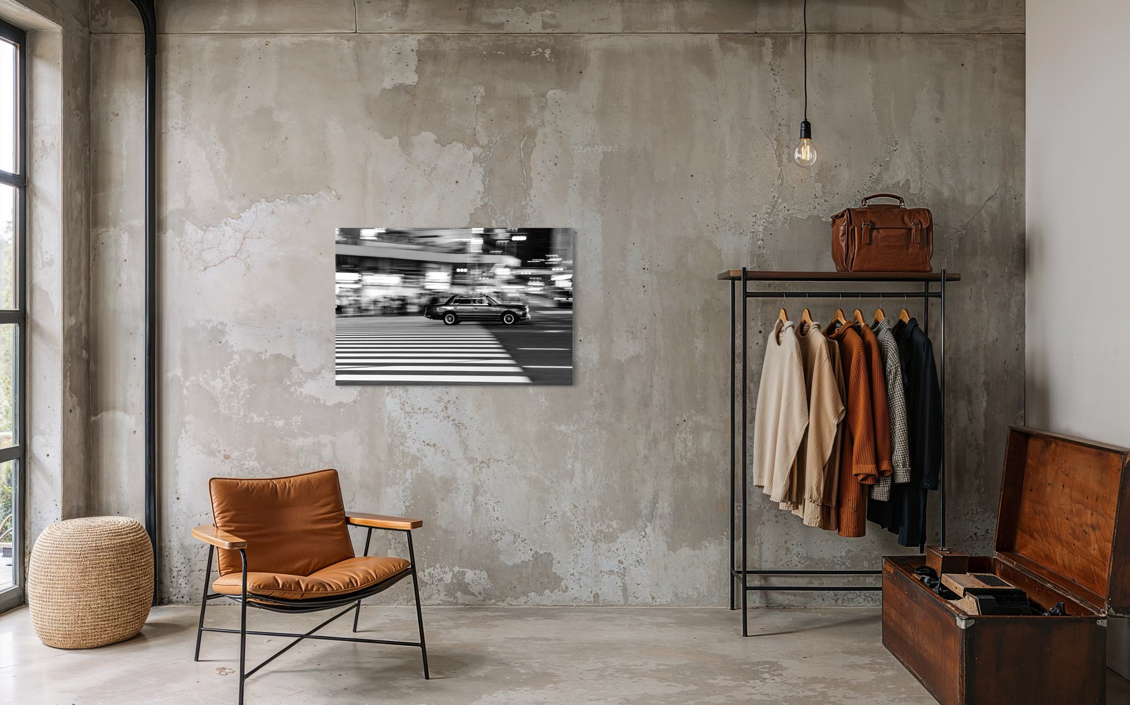 Ein perfekt fotografiertes Taxi, das in Tokio über einen Fußgängerstreifen an einer Kreuzung rast und von verschwommenen Lichtern umgeben ist, wird im Schwarz-Weiss Fine Art Print ‚Guilty‘ gezeigt, der in einem modernen Zimmer an einer grauen Betonwand hängt.
