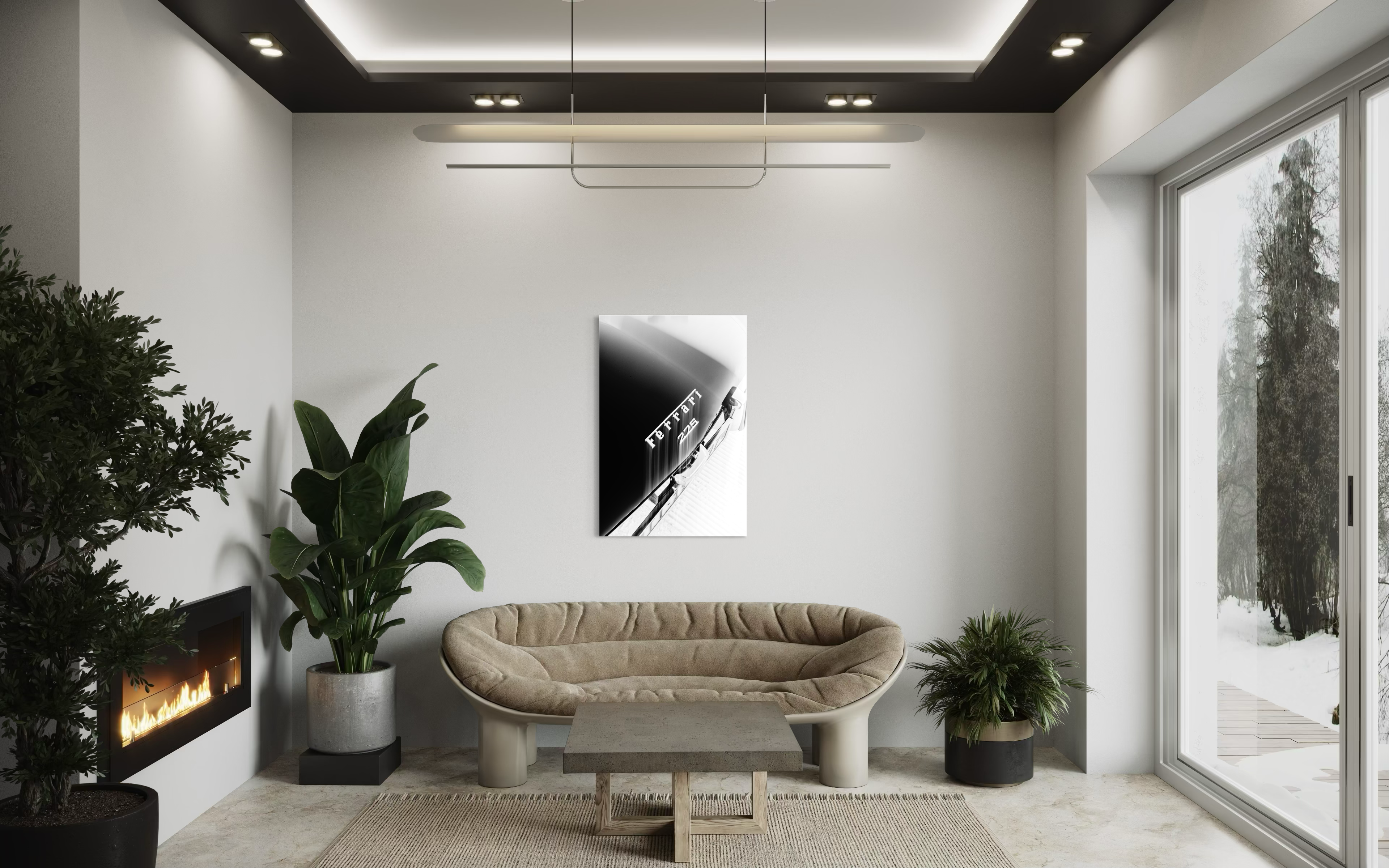 Detailaufnahme des Hecks eines Ferrari 225 in kontrastreichem Schwarz-Weiss. Die scharfen Linien des Schriftzugs und die Reflexionen auf dem Lack vermitteln eine kühle, fast abstrakte Schönheit. Das Bild isoliert die Essenz von Luxus und Geschwindigkeit bei Minusgraden. Es steht für die radikale Ästhetik von The ICE St. Moritz und den Anspruch von Motel June, automobile Ikonen als Kunstwerke in der Schnee-Landschaft zu inszenieren.