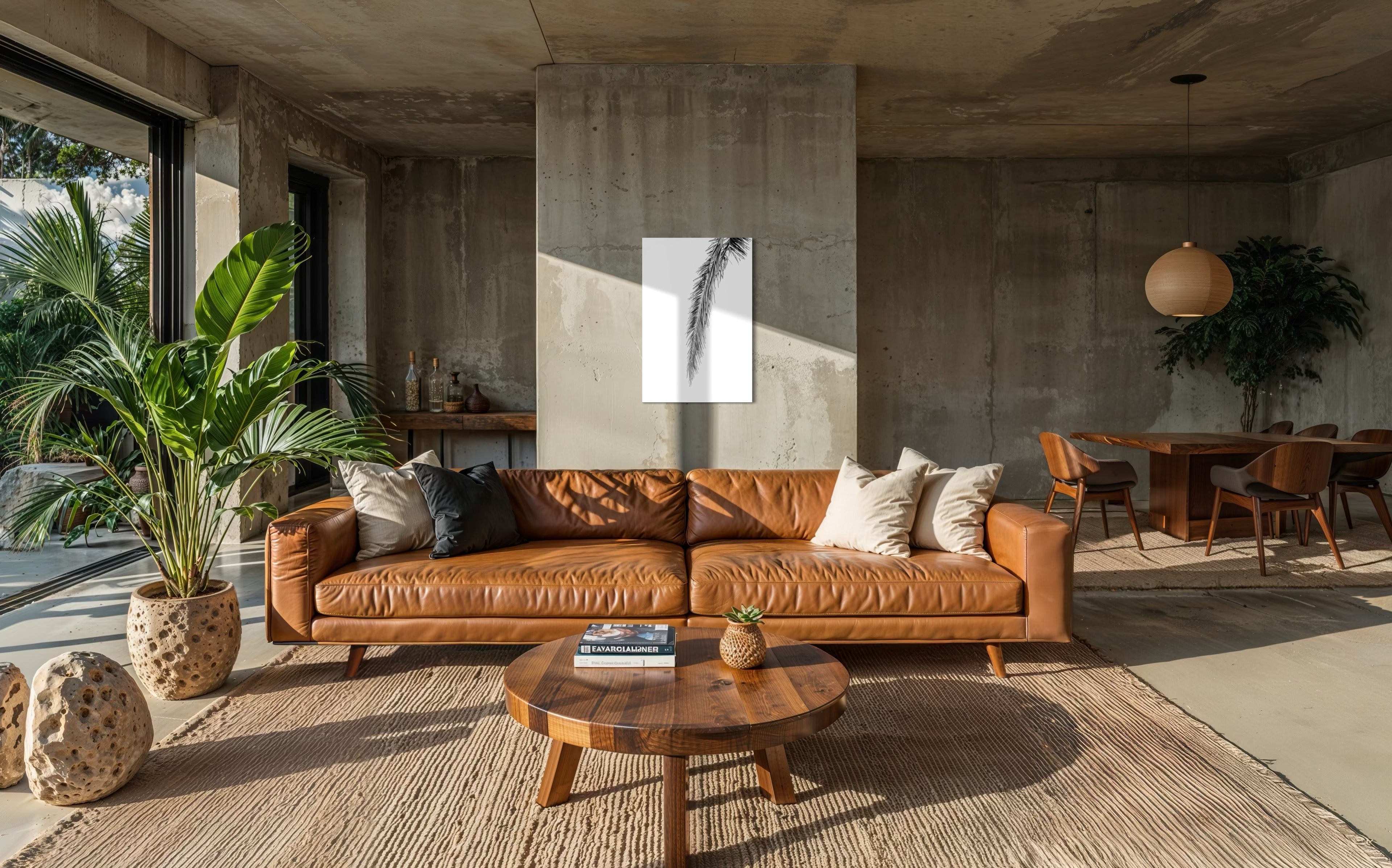 In einem modernen Wohnzimmer hängt die Schwarz-Weiss-Fotografie "Radio Wakayama" an einer dunklen Industrie-Betonwand; das lange Palmblatt mit klar sichtbaren Fasern liegt vor weißem Hintergrund und wird von einem braunen Sofa und grünen Pflanzen umrahmt.